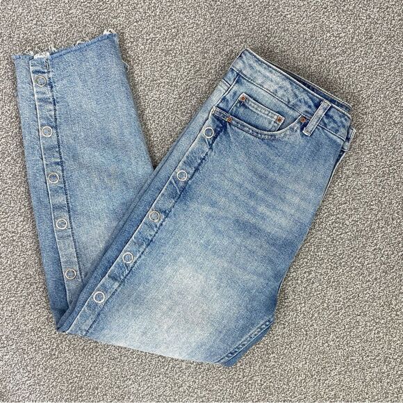 Topshop Moto Snap Leg High Rise Jeans Blue 32 Cropped Raw Hem Grunge - Picture 2 of 14